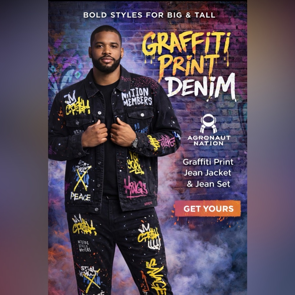 🌟 Big and Tall Men’s Argonaut Nation Black Graffiti Jean Jacket and Pants Set